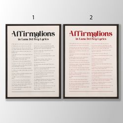 affirmations in lana del rey lyrics art print, lana del rey lyrics poster, lana del rey fan gift, lana song lyrics wall