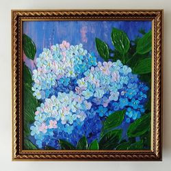 Hydrangea textured acrylic painting. Flowers art impasto framed