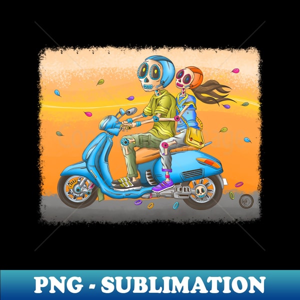 HH-20231112-7567_Cute Skeleton Couple - Dia De Los Muertos - Colorful Skeletons Scooter Ride Along 3899.jpg