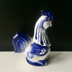 Vintage Rooster by porcelain Gzhel USSR 1970 | Handmade blue and white Art Work