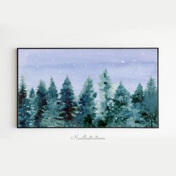 Samsung Frame TV Art Winter Snow Landscape Watercolor Pine Tree Snowfall Downloadable Digital Download Wall Art
