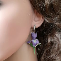 Iris leather earrings for her, Leather jewelry, 3rd anniversary gift for wife