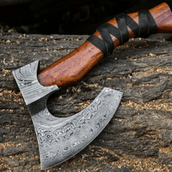 handmade damascus steel viking hatchet | forged tomahawk hunting axe | handcrafted damascus blade with wood handle