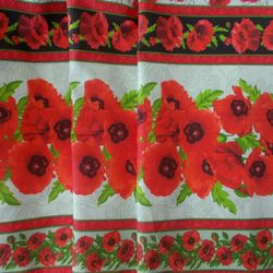 Folk art fabric by the yard - Wafer Cotton Russian folk fabric, red poppies fabric cotton by the yard,  floral fabric