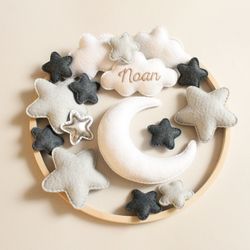 Personalized stars and moon mobile, Cloud nursery mobile and stars crib mobile, Baby felt mobile