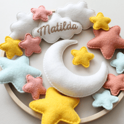 Personalized stars and moon mobile, Cloud nursery mobile and stars crib mobile, Baby felt mobile