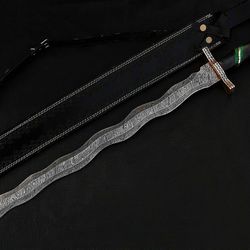 beautiful custom handmade 30 in damascus steel hunting sword with sheath