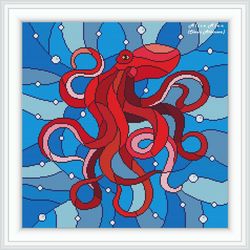 Cross stitch pattern Octopus stained glass silhouette abstract sea marine fish Kraken counted crossstitch patterns PDF
