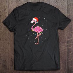 pink flamingo christmas lights santa hat tshirt