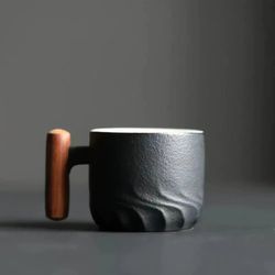 retro ceramic coffee cup: 80ml office water cup - filter tea mug with wooden handle - handmade birthday gift
