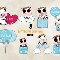 cute baby cow boy birthday clipart set, birthday svg, happy birthday png, t-shirt designs 09