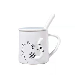 creative 3d cat ceramic milk mugs: cartoon couples cup - breakfast with ladles on top