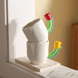 handmade 3d flower ceramic mug: hand painted tulip coffee cup - creative unique milk tea mug - gifts