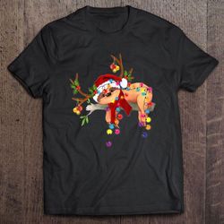 sloth santa hat reindeer christmas lights tshirt