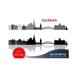 stockholm vector skyline, stockholm svg, swedish city silhouette, svg, dxf, eps, ai, cdr stockholm illustration, sweden capital clipart