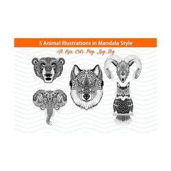 5 animal illustrations in mandala style, mandala bundle, wild animals vector, animal portraits ai, eps, cdr