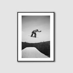 Winter Skiing Print, Snow Landscape Photo, Winter Wall Decor, Skiing Photography, Black and White,  Snow Skateboard, DIG
