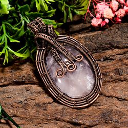 natural rose quartz gemstone oval vintage handmade pure copper wire wrapped pendant 2.3" 19.1 gms. kr09-79