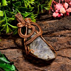 natural rose quartz gemstone radiant vintage handmade pure copper wire wrapped pendant 2.4" 25.3 gms kr0982
