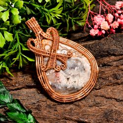 natural crazy lace agate gemstone pear vintage handmade pure copper wire wrapped pendant 2.5" 25.9 gms. kr09-86