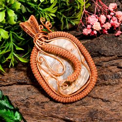 natural crazy lace agate gemstone radiant vintage handmade pure copper wire wrapped pendant 2.7" 32 gms kr09-88