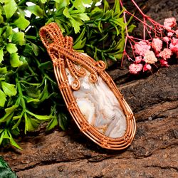 natural crazy lace agate gemstone oval vintage handmade pure copper wire wrapped pendant 2.7" 18.3 gms. kr09-91