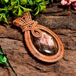 natural labradorite gemstone oval vintage handmade pure copper wire wrapped pendant 2.5" 23.6 gms kr09-92