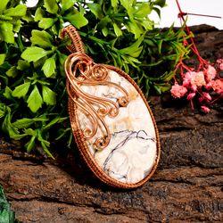natural crazy lace agate gemstone oval vintage handmade pure copper wire wrapped pendant 2.7" 26.1 gms kr10-5