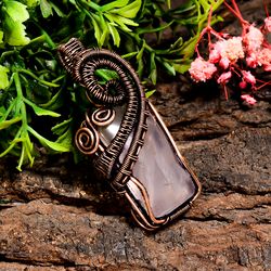 natural rose quartz gemstone radiant vintage handmade pure copper wire wrapped pendant 2" 16.8 gms. kr10-11