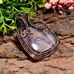 natural rose quartz gemstone cushion vintage handmade pure copper wire wrapped pendant 2" 23.6 gms. kr10-12