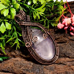 natural rose quartz gemstone oval vintage handmade pure copper wire wrapped pendant 2.4" 23.4 gms. kr10-14