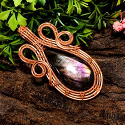 natural labradorite gemstone pear vintage handmade pure copper wire wrapped pendant 2.4" 17.8 gms. kr10-16
