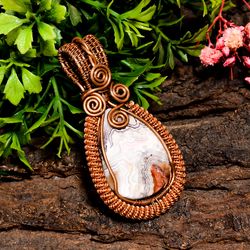 natural crazy lace agate pear vintage handmade jewelry pure copper wire wrapped pendant 2.3" 15.7 gms kr10-17