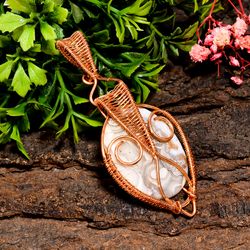 natural crazy lace agate gemstone oval vintage handmade pure copper wire wrapped pendant 2.8" 12.2 gms. kr10-20