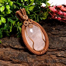 natural rose quartz gemstone oval vintage handmade pure copper wire wrapped pendant 2.4" 25.2 gms. kr10-23