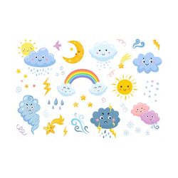 cloud clipart, weather clipart, rain cloud clipart, rainbow clipart, pastel clipart, sun clipart, lightning clipart, instant download