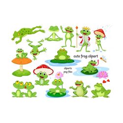 cute frog clipart, frog png, cute forg clip art, happy forg clipart, frog prince clipart,lilypads,dragonflies scrapbooking, instant download