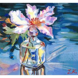 pink flower in a vintage bottle. original gouache painting 19x20 cm