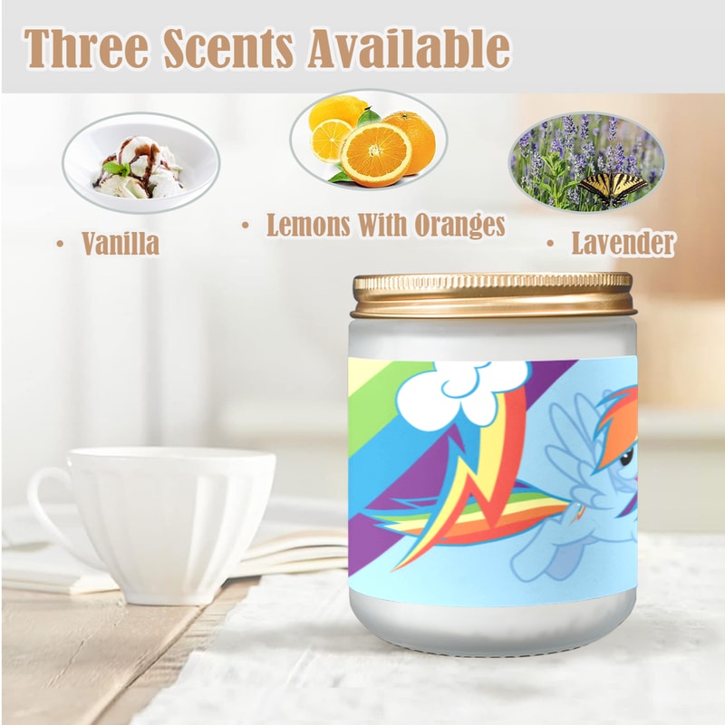Rainbow Dash Candle, Soy Wax, Scented, Frosted Glass Candle Cup - Large Size.png