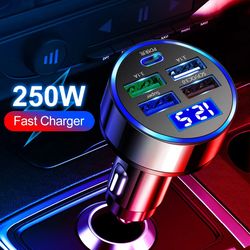 250w led car charger 5 ports fast charge pd qc3.0 usb c car phone charger type c adapter in car for iphone samsung huawe