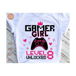 gamer girl level 8 unlocked svg, 8th birthday girl gamer, 8 years old gamer shirt, video game controller joystick kid design svg cut file