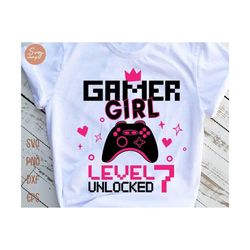 gamer girl level 7 unlocked svg, 7th birthday girl gamer, 7 years old gamer shirt, video game controller joystick kid design svg cut file