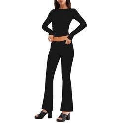Solid Two Piece Set For Women 2023 Spring Autumn Slim Fits Long Sleeve T-shirts Low Waist Pants Casual Tracksuits Outfit