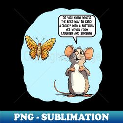 a whimsical cartoon mouse speaks to a butterfly about catching clouds with butterfly nets - signature sublimation png file - unleash your creativity