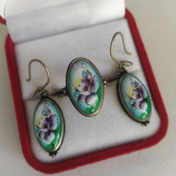 Green finift floral earrings and ring set Enamel jwelry set Floral jewelry set Vintage jewelry