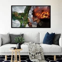burning city and nature canvas print art, fire man and nature woman canvas wall decor, love art, kissing couple canvas p