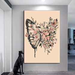 butterfly canvas wall art, flowers canvas wall art, half flower half butterfly canvas print art, modern wall decor ready