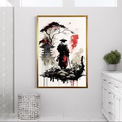 lone samurai canvas wall art, samurai and his house canvas wall decor, man with sword canvas print art, chinese historic