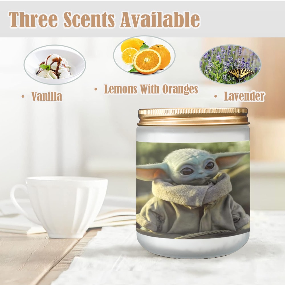 Baby Yoda Mandalorian Candle, Soy Wax, Scented, Frosted Glass Candle Cup - Large Size.png