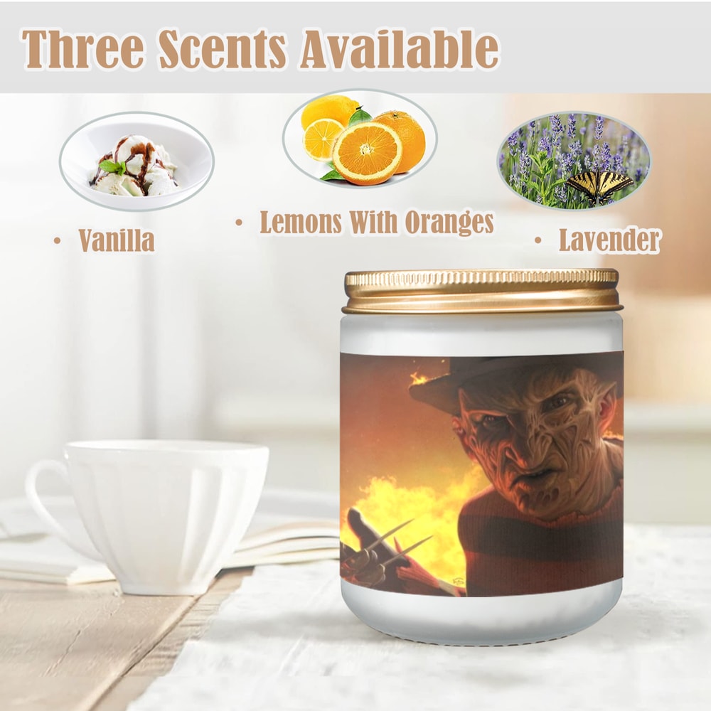 Freddy Krueger Candle, Soy Wax, Scented, Frosted Glass Candle Cup - Large Size.png